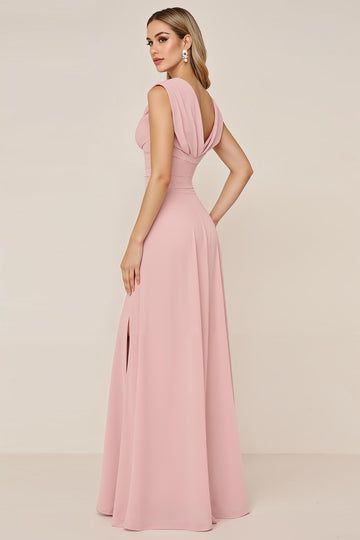 Robe de demoiselle d’honneur longue à col bénitier en mousseline de soie rose bonbon avec fente